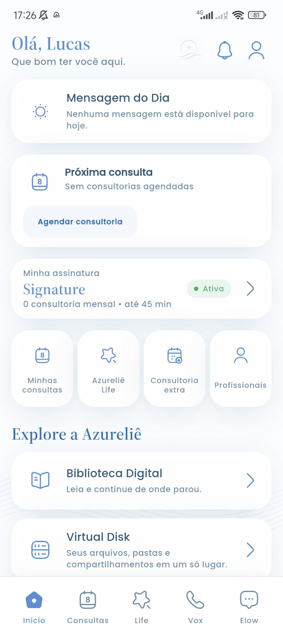 Tela inicial atual do aplicativo Azureliê com mensagem do dia, consultas, assinatura Horizon, Biblioteca Digital e Virtual Disk